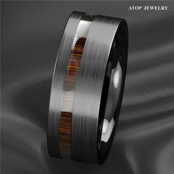 Men's Wedding Band - Black Brushed Off Center Koa Wood Ring for Men and Women - Picture 7 of 9